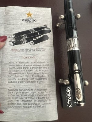 🔴 MARLEN penna stilografica Esercito Slim Edition resina Argento 925 garanzia