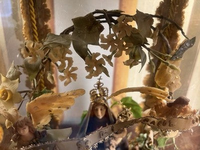 🔴 Madonna Miracoli ceroplastica angeli e ornamenti fiori con teca antica 1915