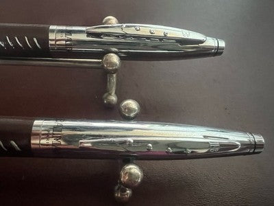 Balmain Set Stylo-Plume Sphère Et Roller Cuir Finis Main Marron Chrome Vintage 