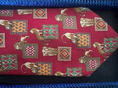 🔴 SALVATORE FERRAGAMO cravatta seta rossa animali leoni ghepardi elefanti