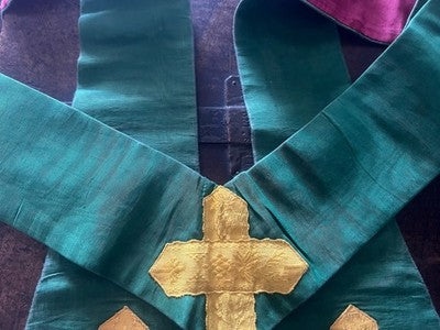 🔴 Stola liturgica cattolica broccato verde con croci dorate XIX/XX secolo