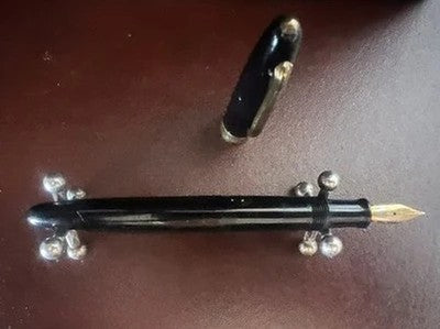 Pen Fountain Pen Celluloid Black Button Bottom Pen F Marking Vintage 40
