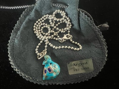 🔴 Collana ARGENTO MASSICCIO 925 con ciondolo pesce smalti azzurri vintage