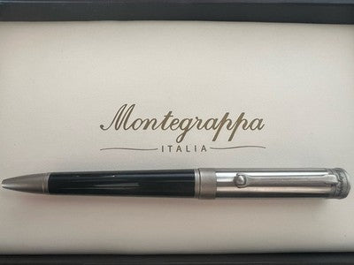 🔴 MONTEGRAPPA penna sfera Parola Slim acciaio satinato e resina nera sfera NOS