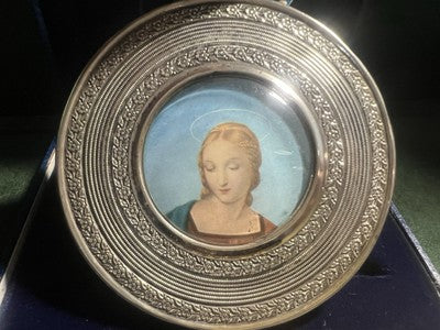 🔴 Ciondolo medaglione miniatura Madonna cornice ARGENTO 800 vintage