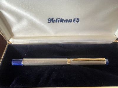 🔴 PELIKAN penna sfera Michelangelo cromata satinata righe e blu scrive vintage