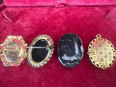 Camées Italiens Collier Pendentif Broche Pierres Naturel 4 Pz Vintage