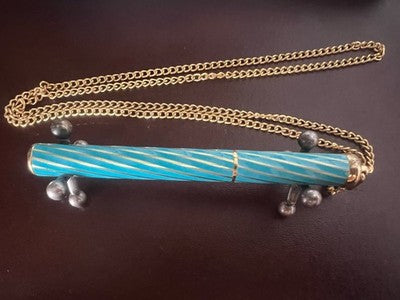 🔴 Penna stilografica collana laccata azzurro spirale dorata con pietra vintage
