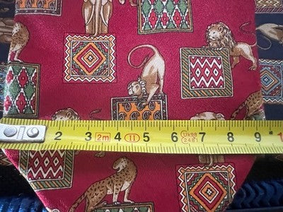 🔴 SALVATORE FERRAGAMO cravatta seta rossa animali leoni ghepardi elefanti