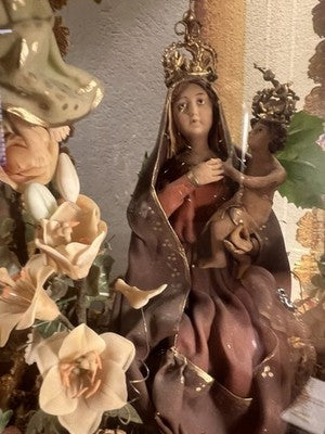 🔴 Madonna Miracoli ceroplastica angeli e ornamenti fiori con teca antica 1915