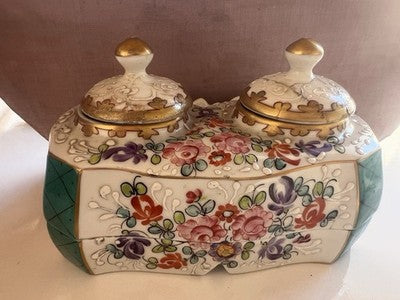 Limoges Encrier Porcelaine Peinte A Main Complet Vintage Fine 1800