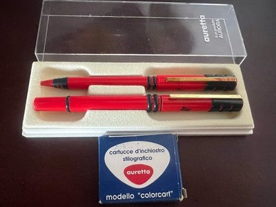 Auretta Fountain Pen+Sphere Set Red Advertising with Box NOS 