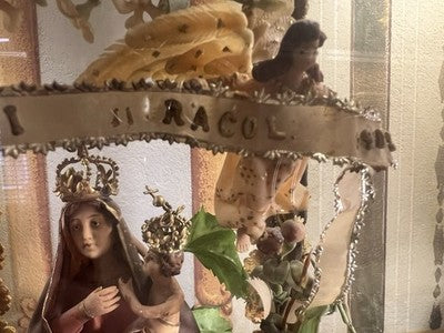 🔴 Madonna Miracoli ceroplastica angeli e ornamenti fiori con teca antica 1915