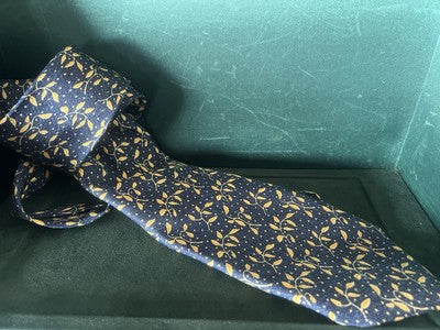 🔴 BULGARI cravatta uomo DAVIDE PIZZIGONI blu foglie gialle pura seta vintage