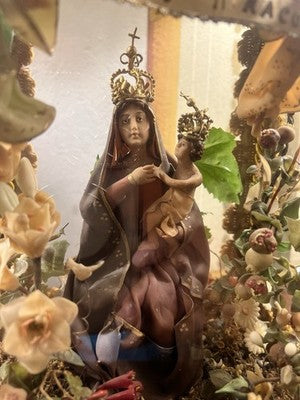 🔴 Madonna Miracoli ceroplastica angeli e ornamenti fiori con teca antica 1915