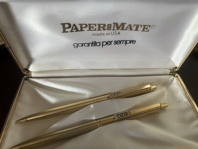 🔴 PAPERMATE penna sfera e matita dorata satinata Made in USA scrivono vintage