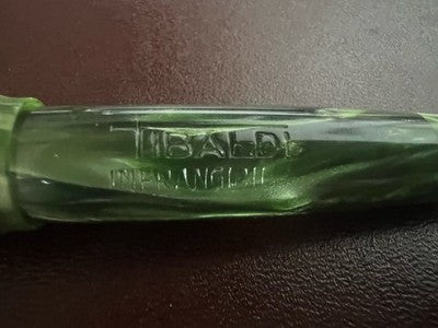 Tibaldi Füllfederhalter, bruchsicher, Zelluloid, grün, goldfarben, Vintage 