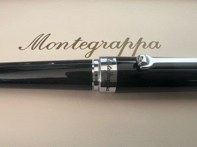 Montegrappa Stylo-Plume Sphère Mot Fin Noire Acier Satiné Et Résine NOS