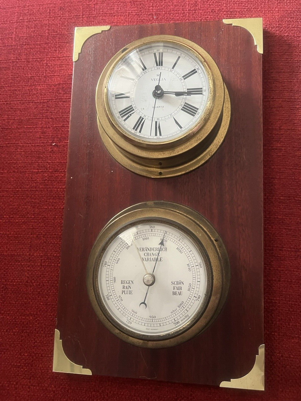 🔴 VEGLIA Wanduhr-Barometer aus Holz und Messing mit Bullauge 