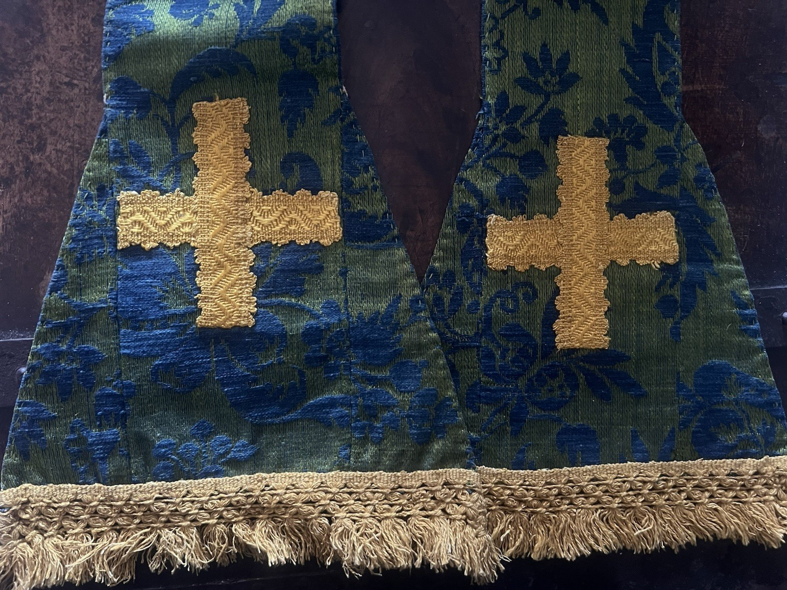 🔴 STOLA LITURGICA cattolica ricamata a mano broccato verde blu Croci XIX/XX sec