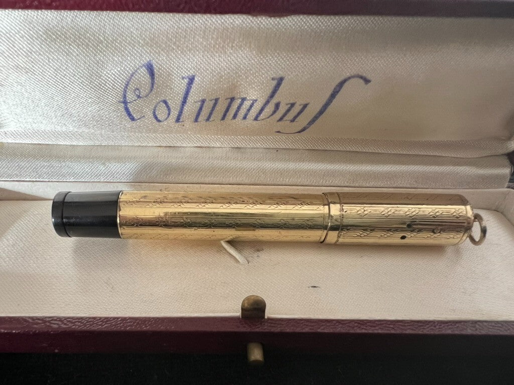 Red Columbus Retractable Engraved Fountain Pen Works Vintage 