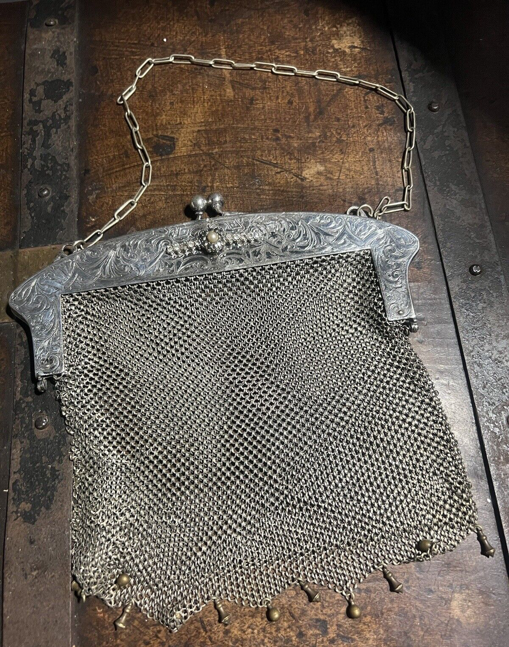 🔴 Borsa metallo filigrana fatta mano SILVER Germani con catena vintage art decò