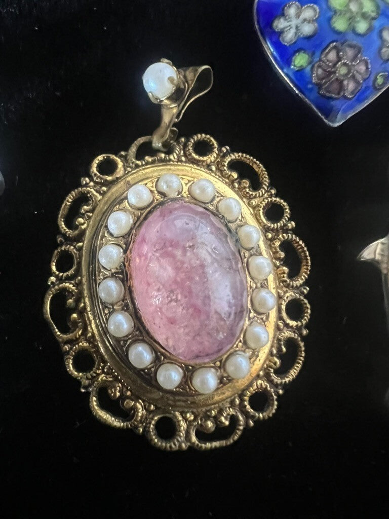 🔴 Ciondoli collana in metallo con perle pietra azzurra delfini lotto vintage