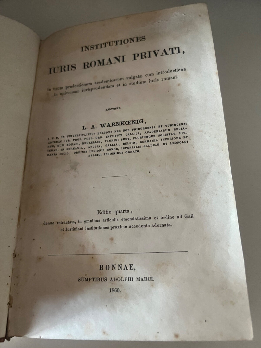 🔴 Book IURIS ROMANI PRIVATE Warnkoenig in Latin Adolphi Marci 1860 ANTIQUE 