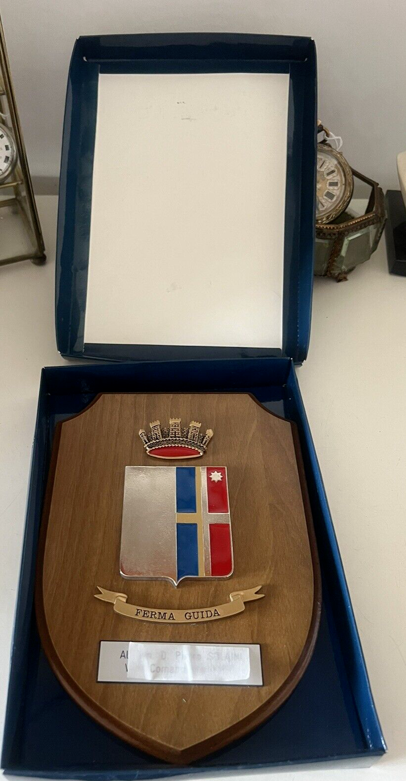 🔴 Crest militare FERMA GUIDA scudo legno con metallo e smalti rilievo vintage