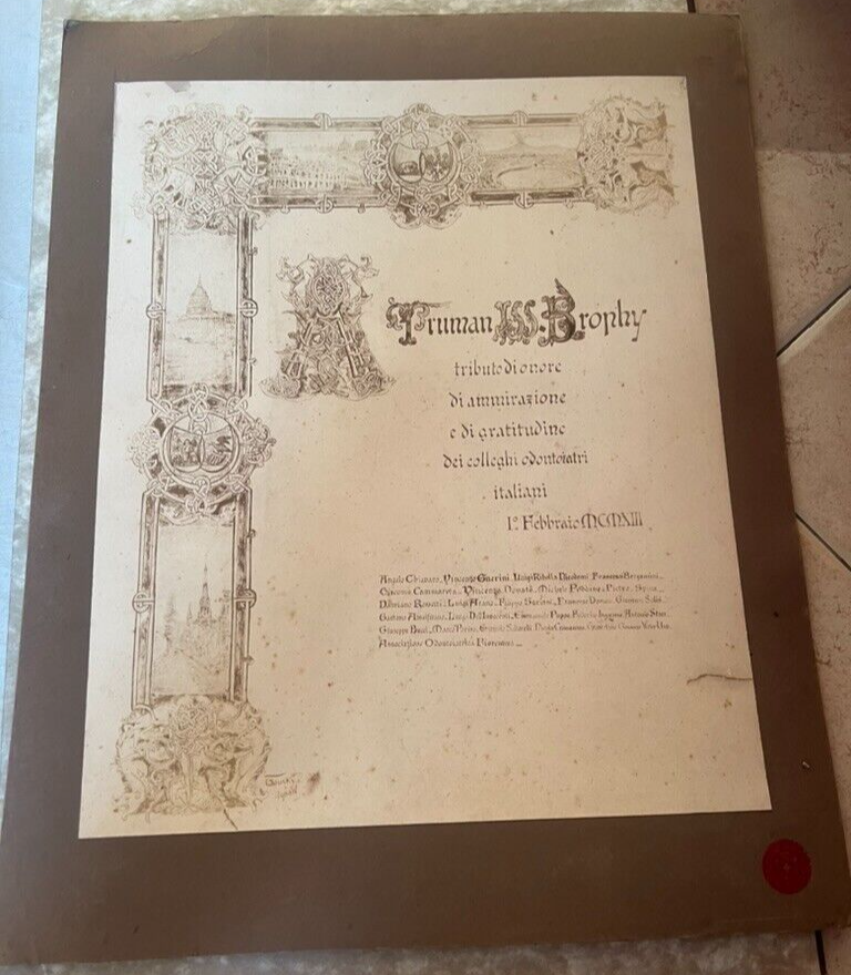 Zertifikat Hommage de Honor Truman W.Brophy Dentiste D'Origine 1913 