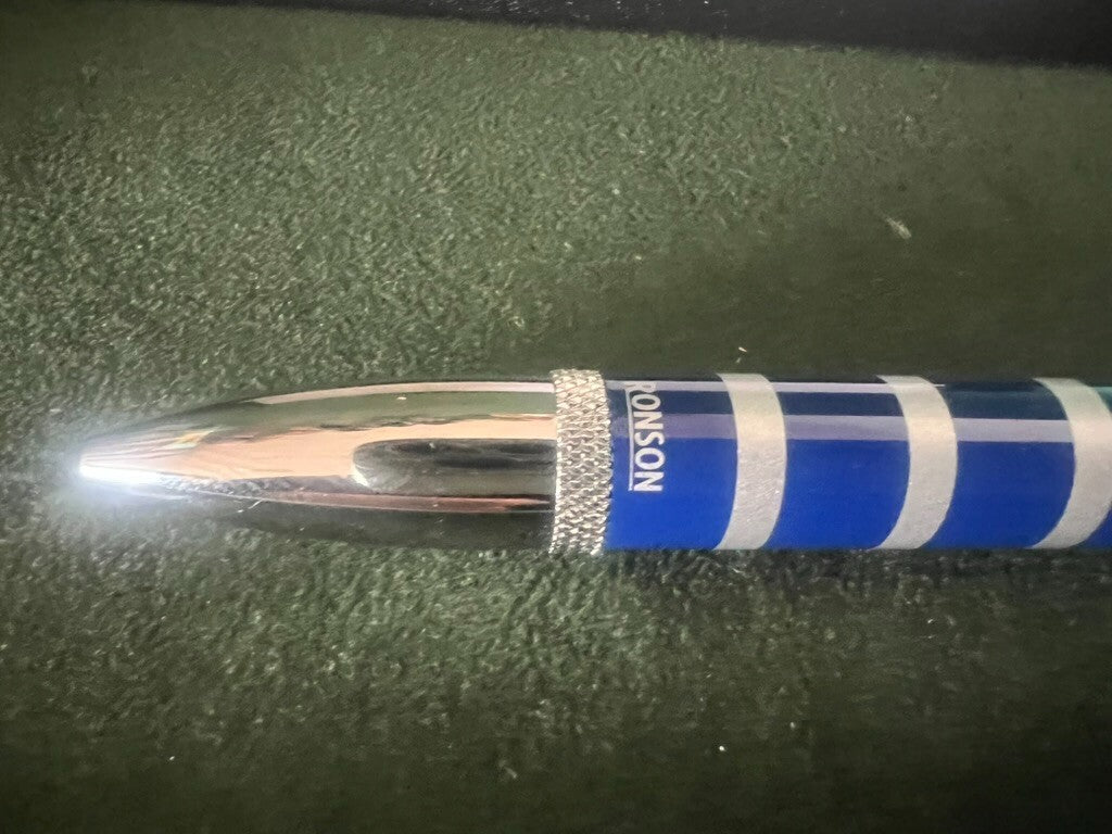 Ronson Stylo-Plume Sphère Laque Bleu Cobalt Profils Chrome Écrit