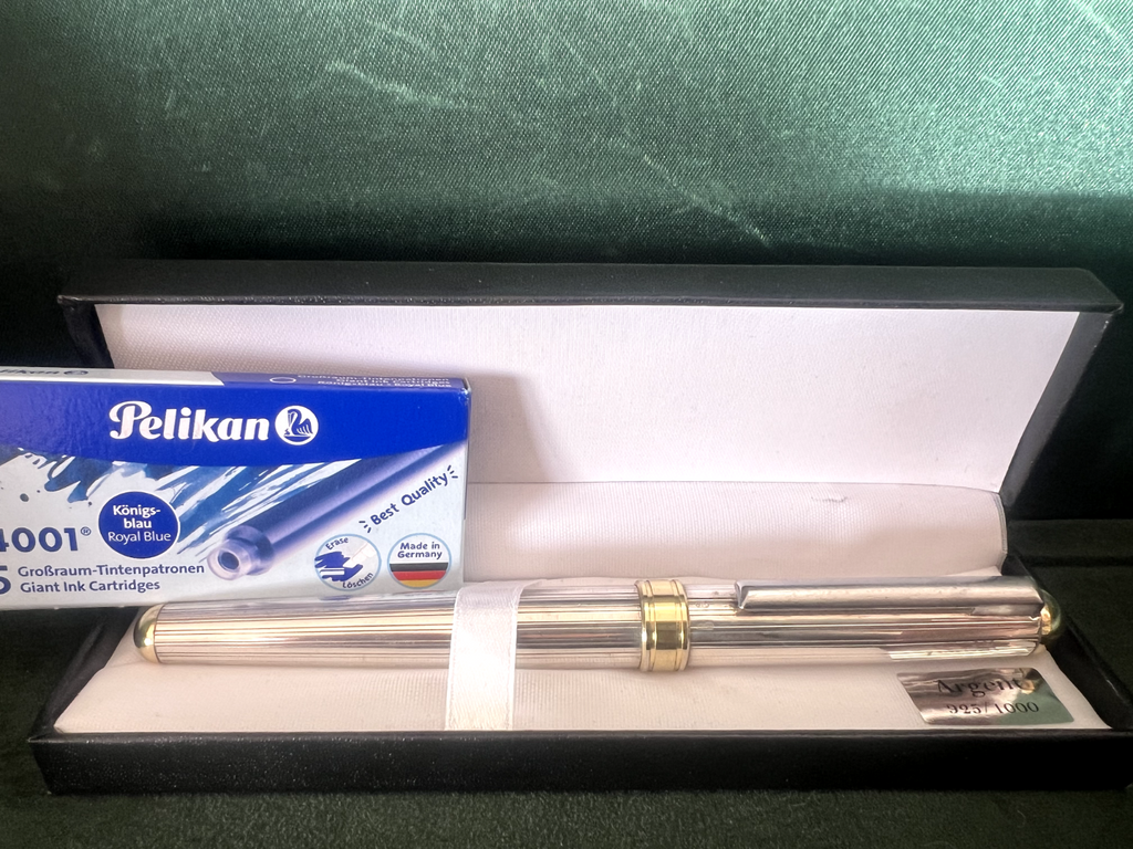 🔴 Penna stilografica ARGENTO 925 a cartuccia pennino Iridium M forte peso