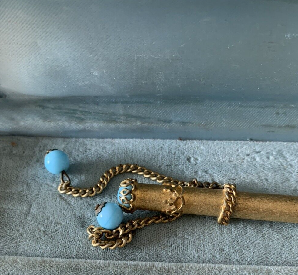 Stylo-Plume Sphère Doré Avec Chaîne Et Décor Turquoise Élégant Écrit Vintage 