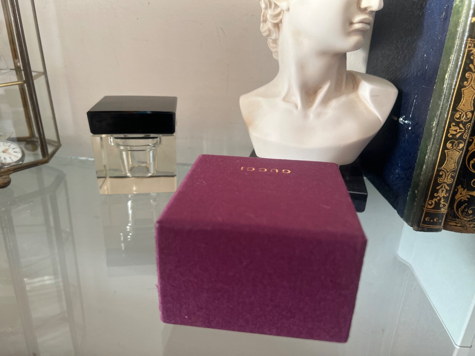 🔴 GUCCI scatola argento in tessuto tramato prugna, con libricino informativo