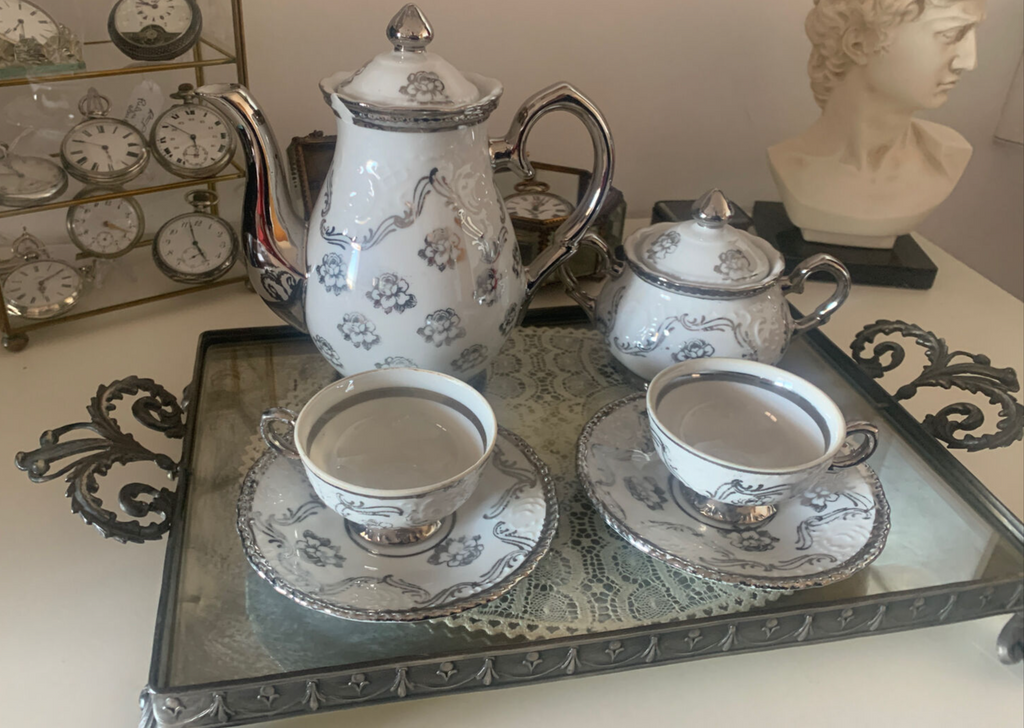 🔴 Vassoio merletto tazzine caffè TET A TET ceramica trasparente FOREIGN vintage