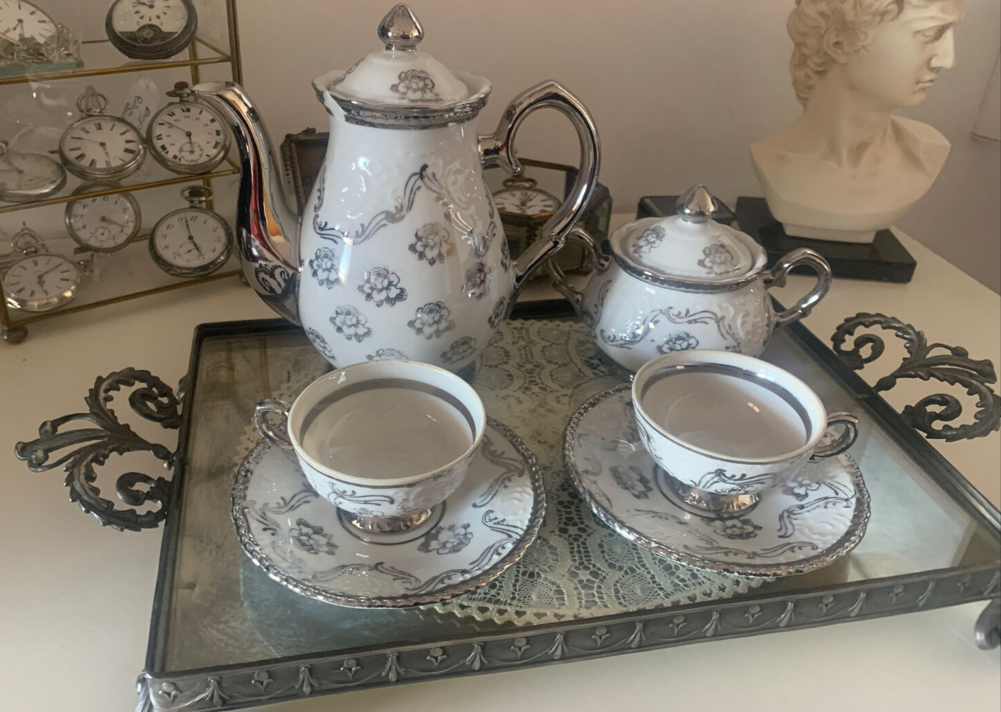 🔴 Vassoio merletto tazzine caffè TET A TET ceramica trasparente FOREIGN vintage