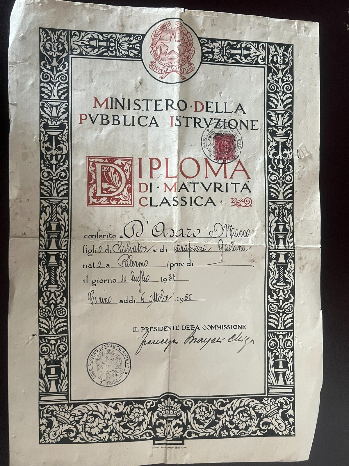 Diplôme Abiball Classique Italien Avec Timbre Tampon Torchon 6. Oktober 1955 