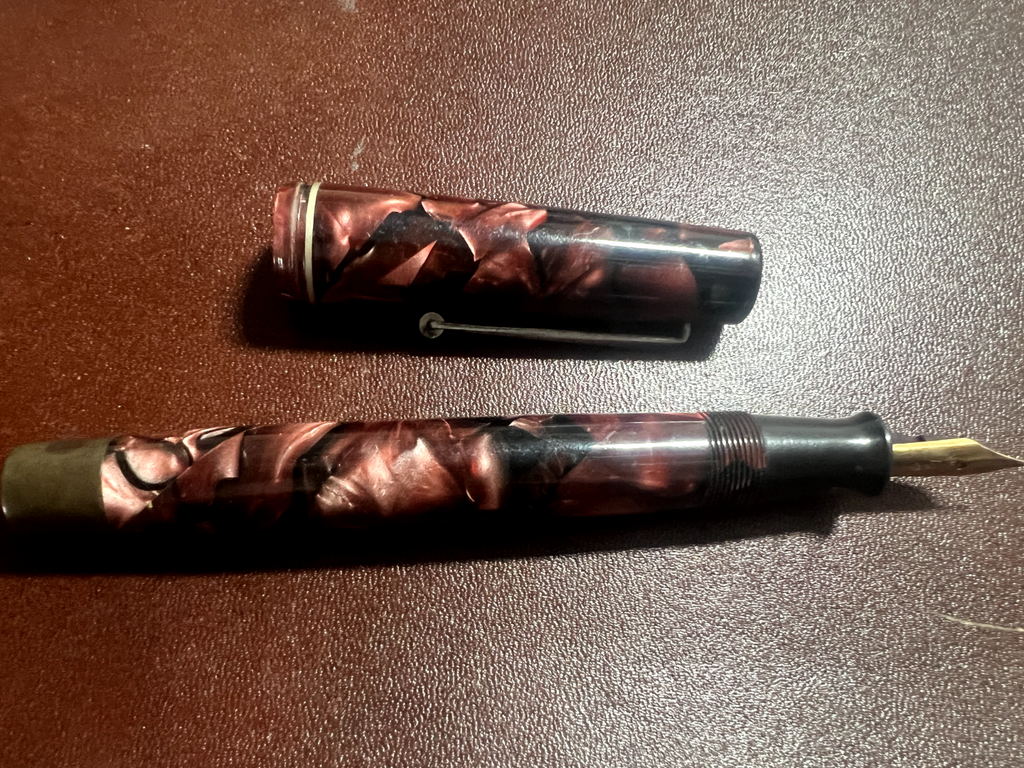 🔴 Penna stilografica celluloide rossa a pulsante pennino ORO scrive vintage