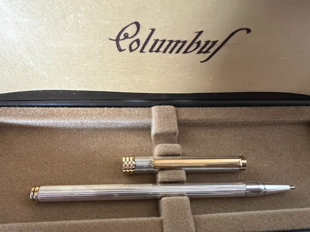 Columbus Kugelschreiber, massives 925er Sterlingsilber, Streifenmuster, Basrelief, Vintage 1970 