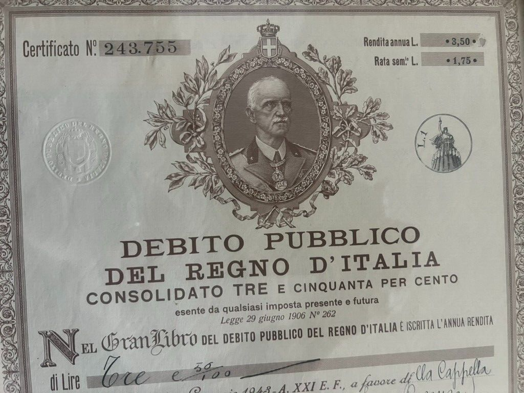 🔴 REGNO ITALIA debito pubblico rendita annua Roma 1943 quadro cornice ORIGINALE