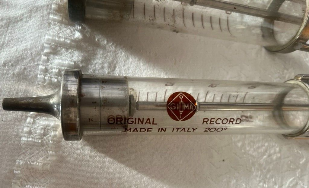 Irrigation Surgical RECORD Syringe Medical Glass Metal Lot 4 Pieces Vintage