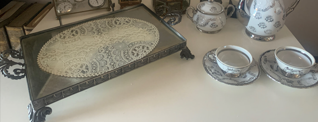 🔴 Vassoio merletto tazzine caffè TET A TET ceramica trasparente FOREIGN vintage