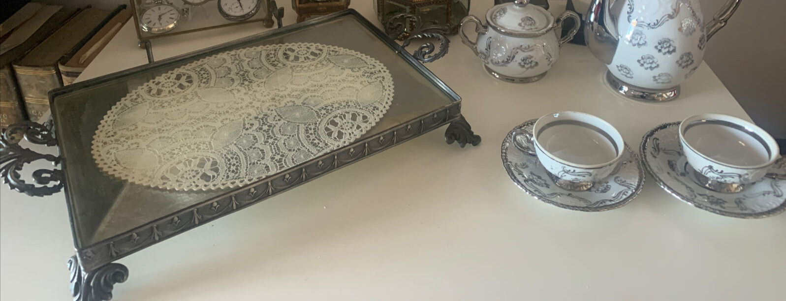🔴 Vassoio merletto tazzine caffè TET A TET ceramica trasparente FOREIGN vintage