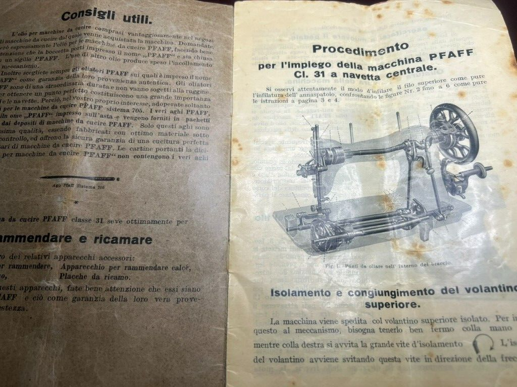 🔴 Bedienungsanleitung für die Nähmaschine PFAFF 31, Original-Garantieheft aus Italien 