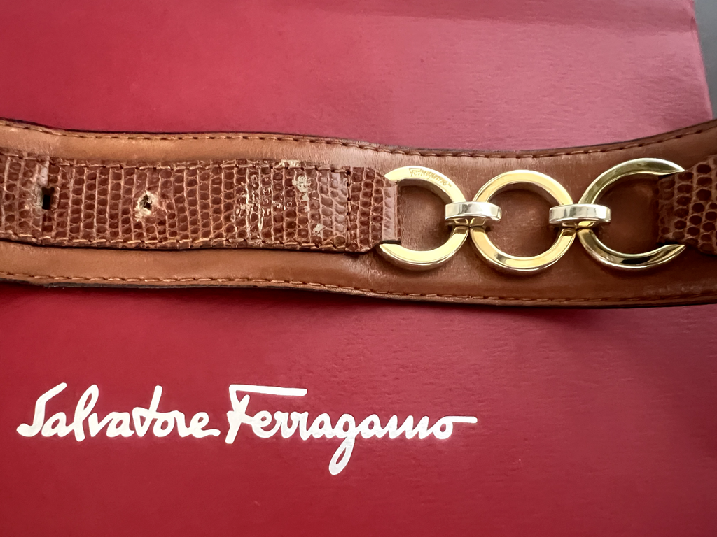 🔴 SALVATORE FERRAGAMO donna cinta cintura marrone ganci dorati con segni L 87