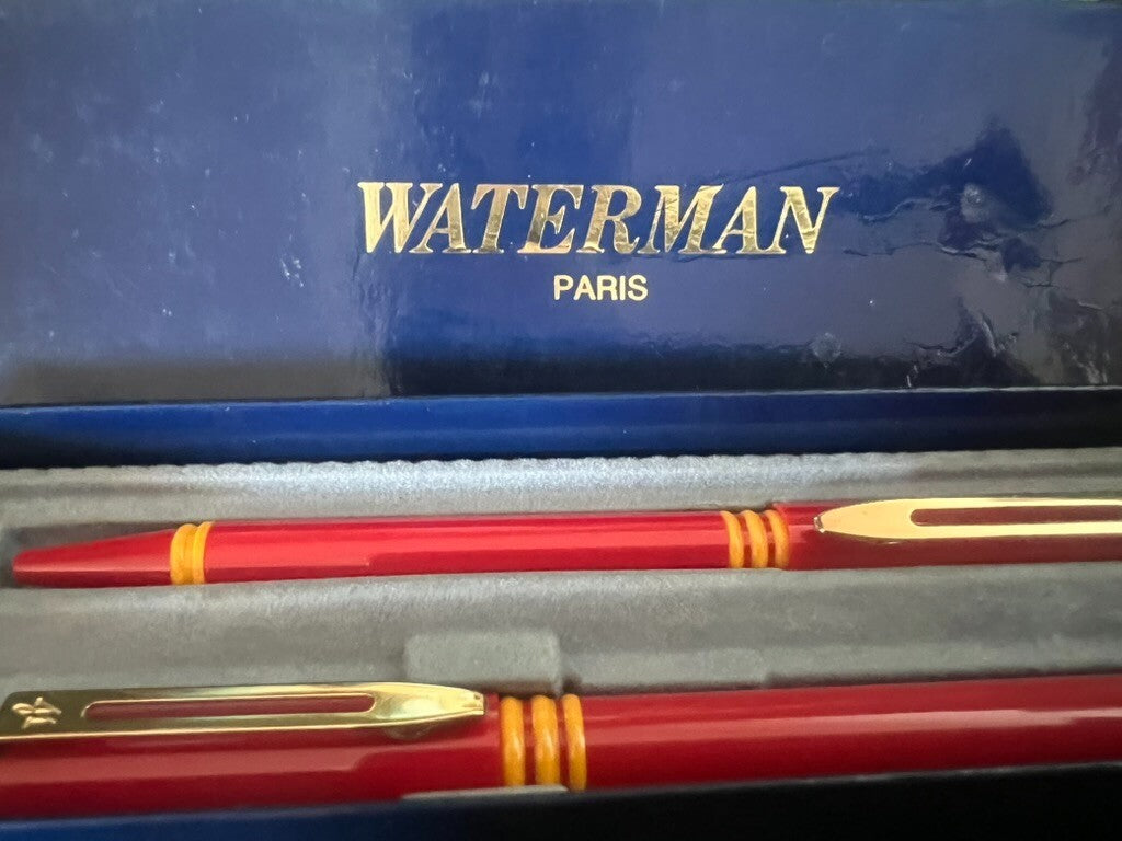 🔴 WATERMAN penna stilografica E sfera ROSSE F cofanetto vintage 2 PENNE