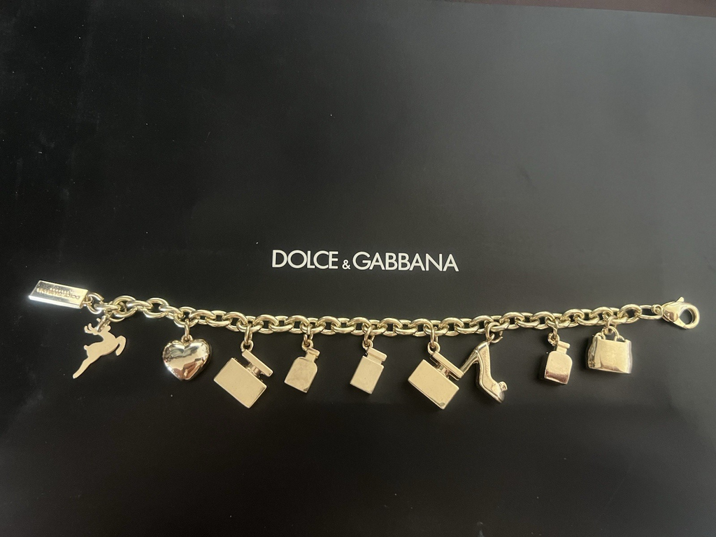 🔴 DOLCE & GABBANA bracciale charm gioiello acciaio dorato con pendenti iconici