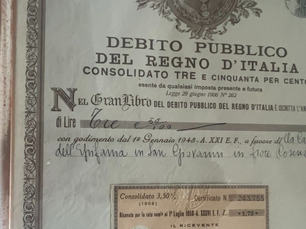 Regno Italie Paypal Publique Rendita Annua Roma 1943 Cadre D'Origine