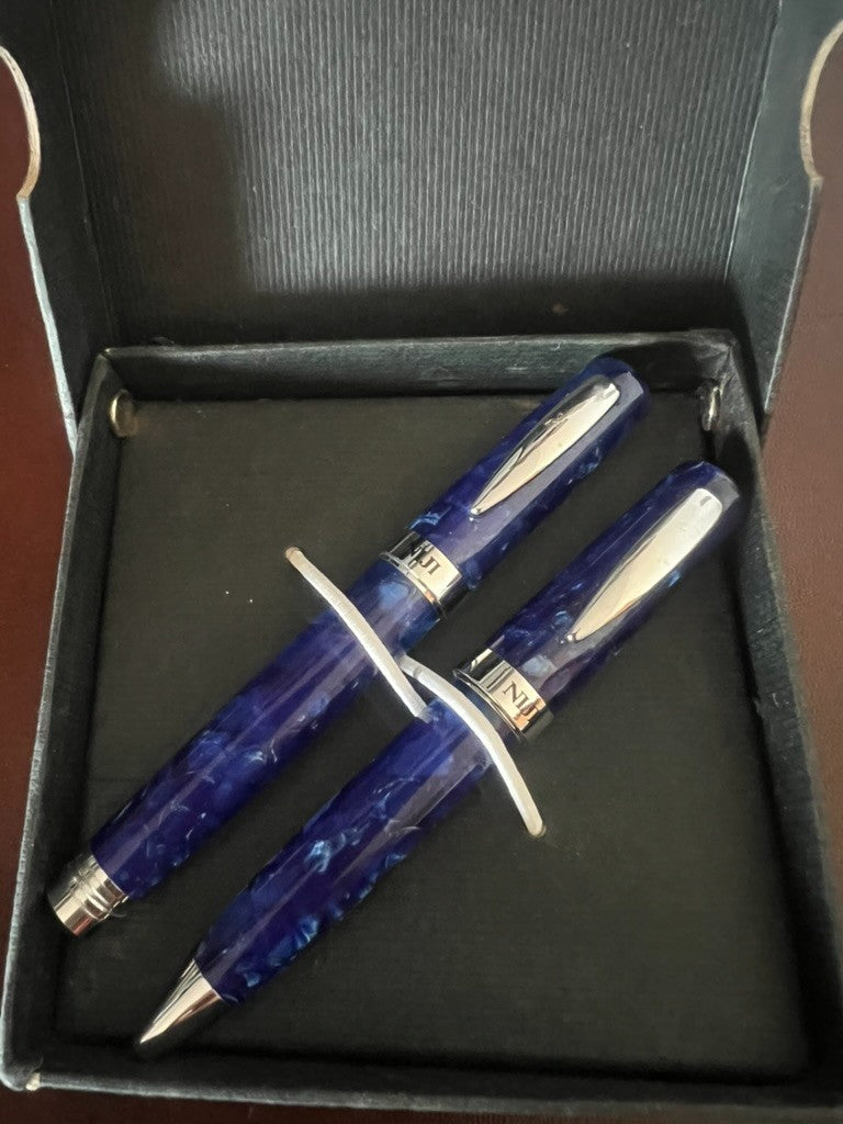 🔴 NIJI penna stilografica e sfera BLU RESINA IRIDESCENTE scrivono con astuccio
