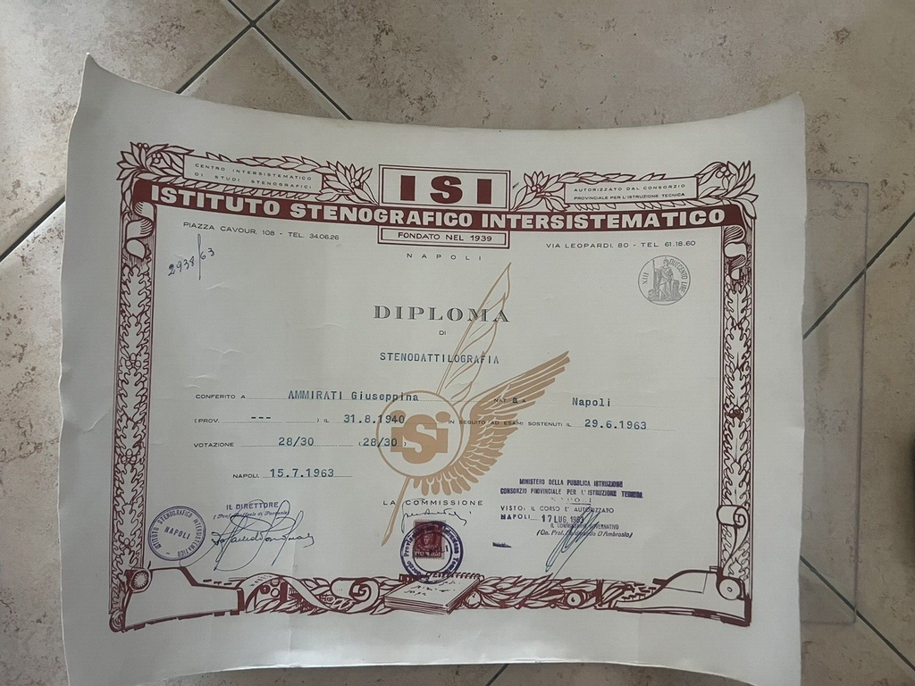 Diplôme Stenodattilografia Isi Institut Stenografico Intersistematico 1963